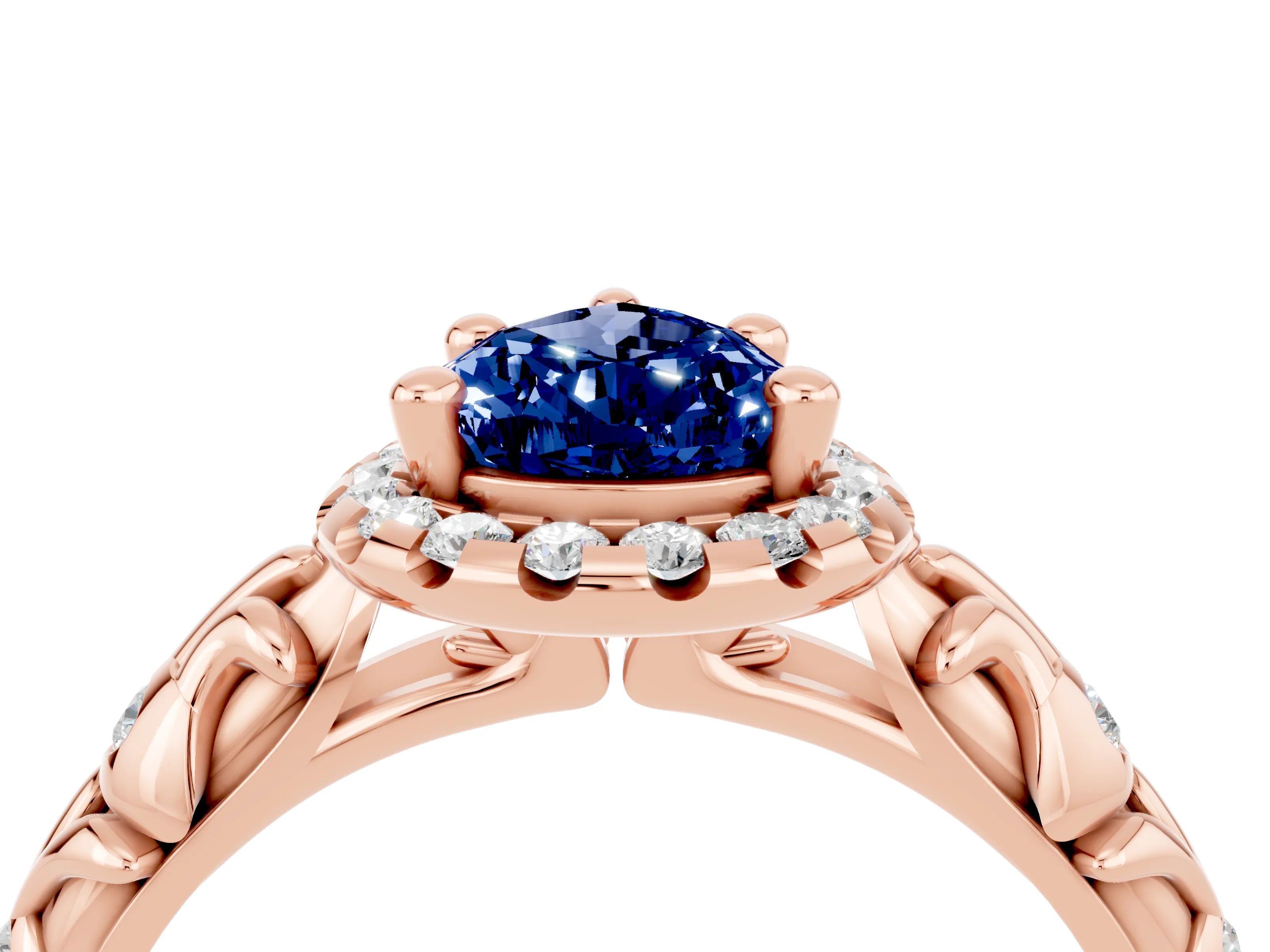 Rose gold Pear Cut Halo Diamond Solitaire with Filigree Band and Four-Prong Setting_4