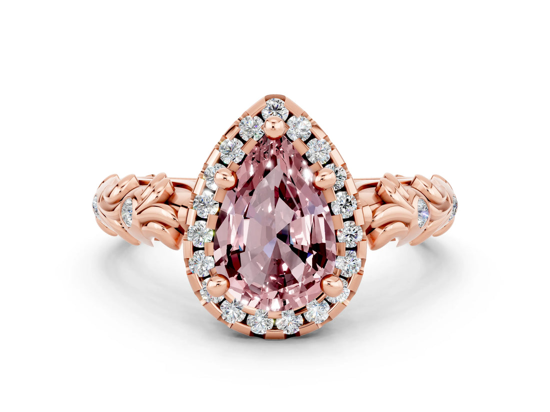 Rose gold Pear Cut Halo Diamond Solitaire with Filigree Band and Four-Prong Setting