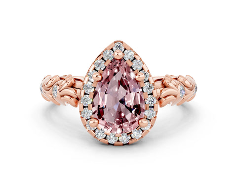 Rose gold Pear Cut Halo Diamond Solitaire with Filigree Band and Four-Prong Setting