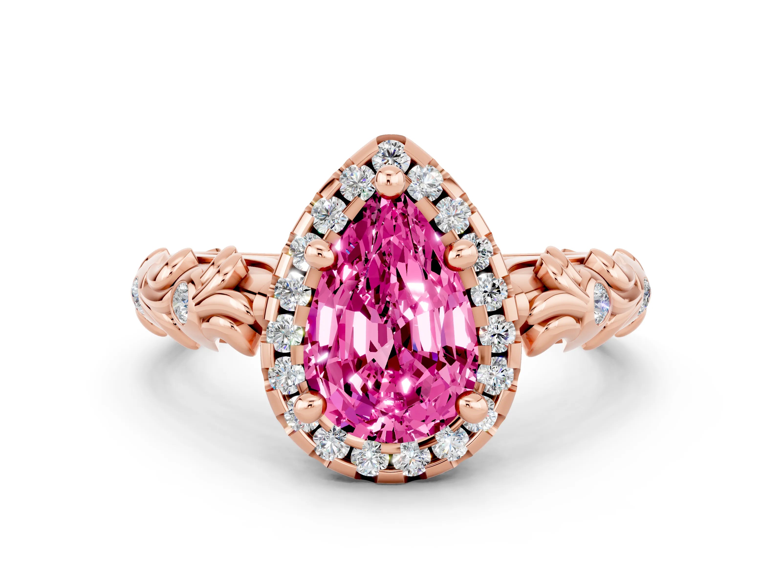 Rose gold Pear Cut Halo Diamond Solitaire with Filigree Band and Four-Prong Setting