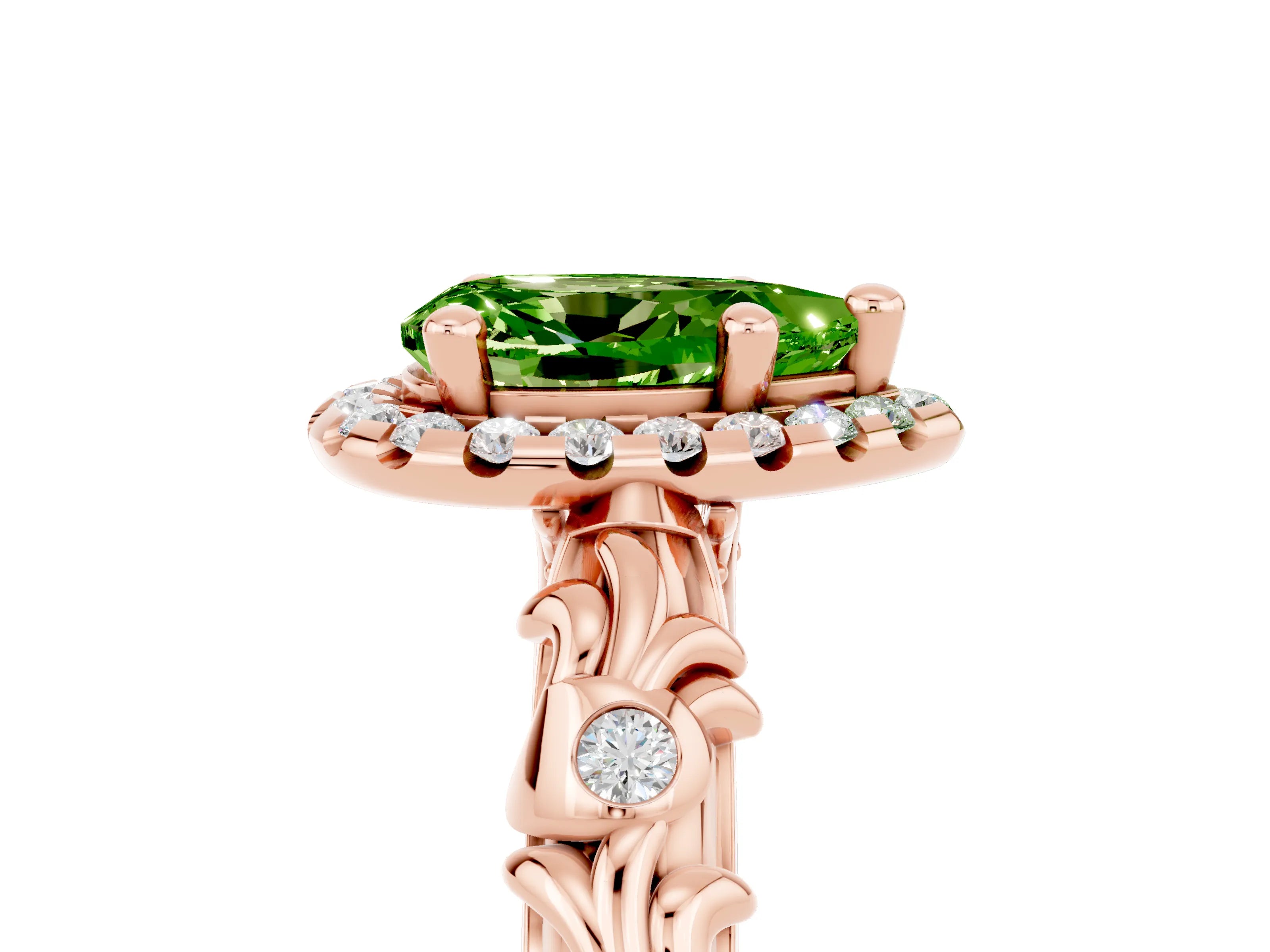 Rose gold Pear Cut Halo Diamond Solitaire with Filigree Band and Four-Prong Setting_5