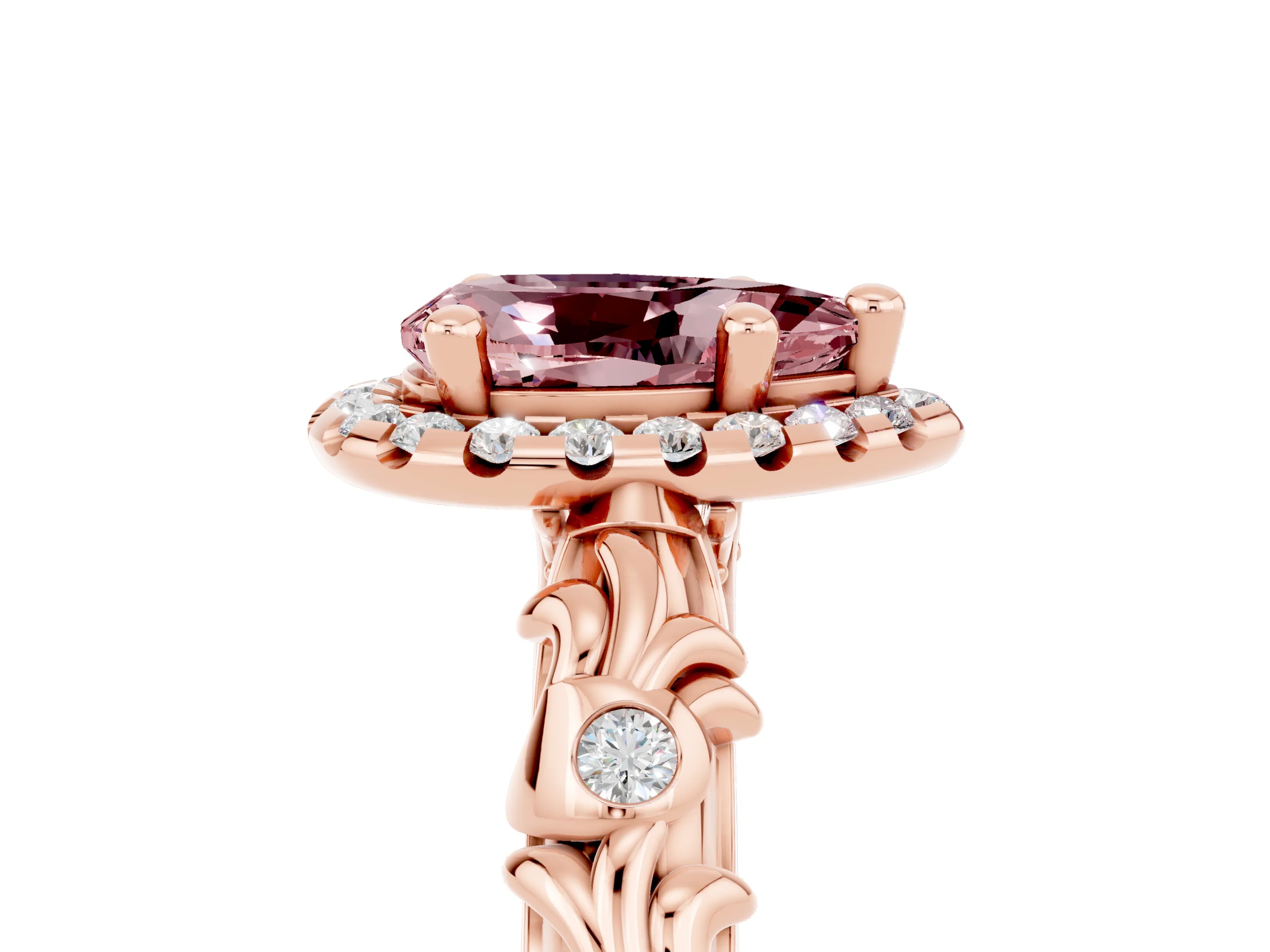 Rose gold Pear Cut Halo Diamond Solitaire with Filigree Band and Four-Prong Setting_5