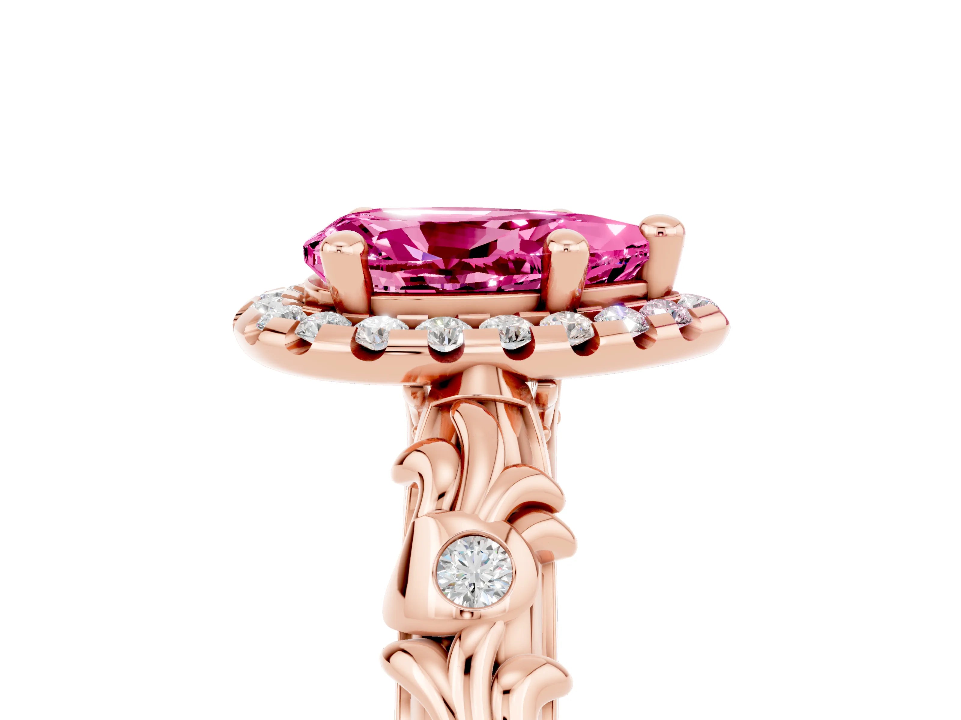Rose gold Pear Cut Halo Diamond Solitaire with Filigree Band and Four-Prong Setting_5
