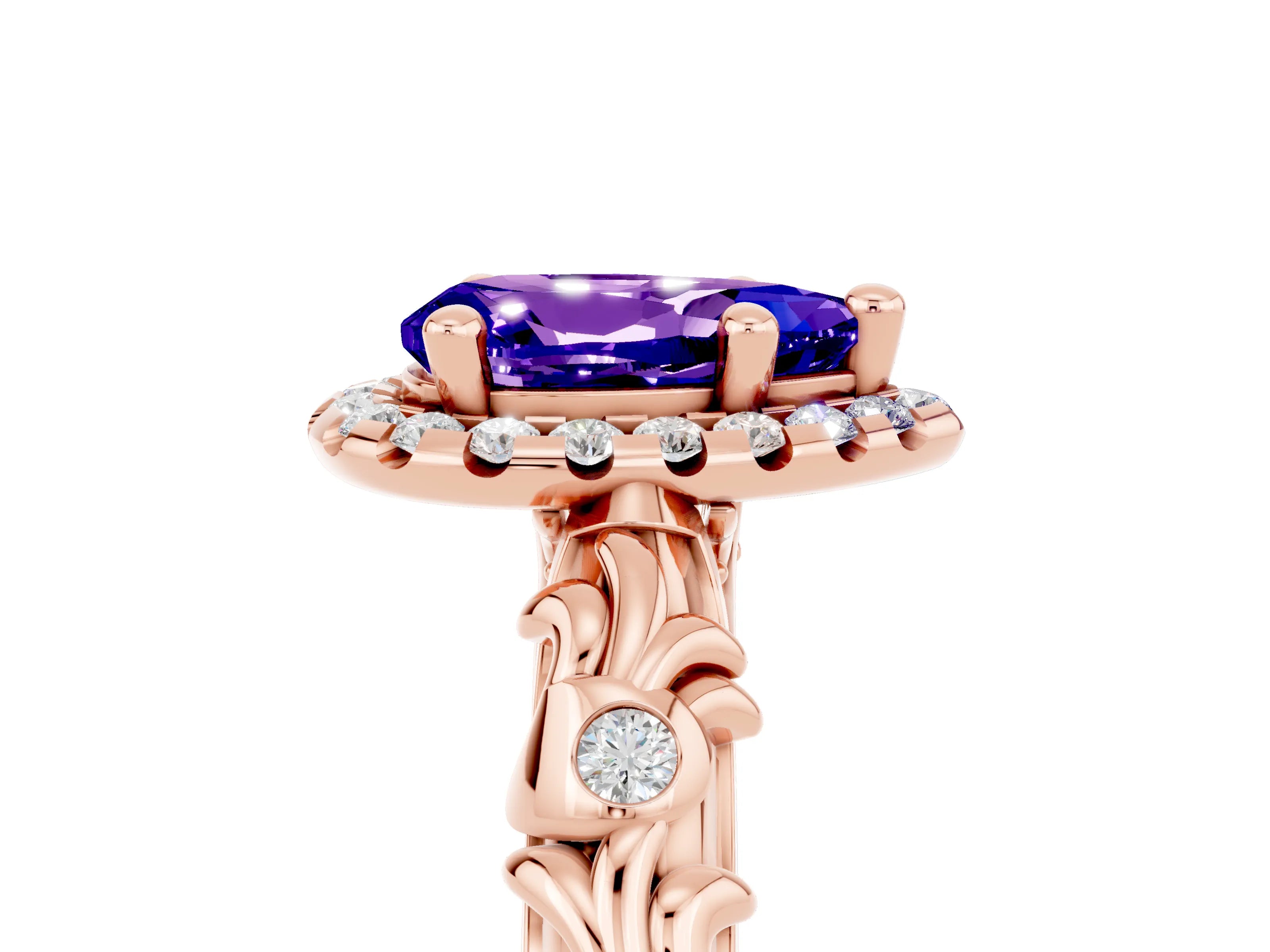 Rose gold Pear Cut Halo Diamond Solitaire with Filigree Band and Four-Prong Setting_5