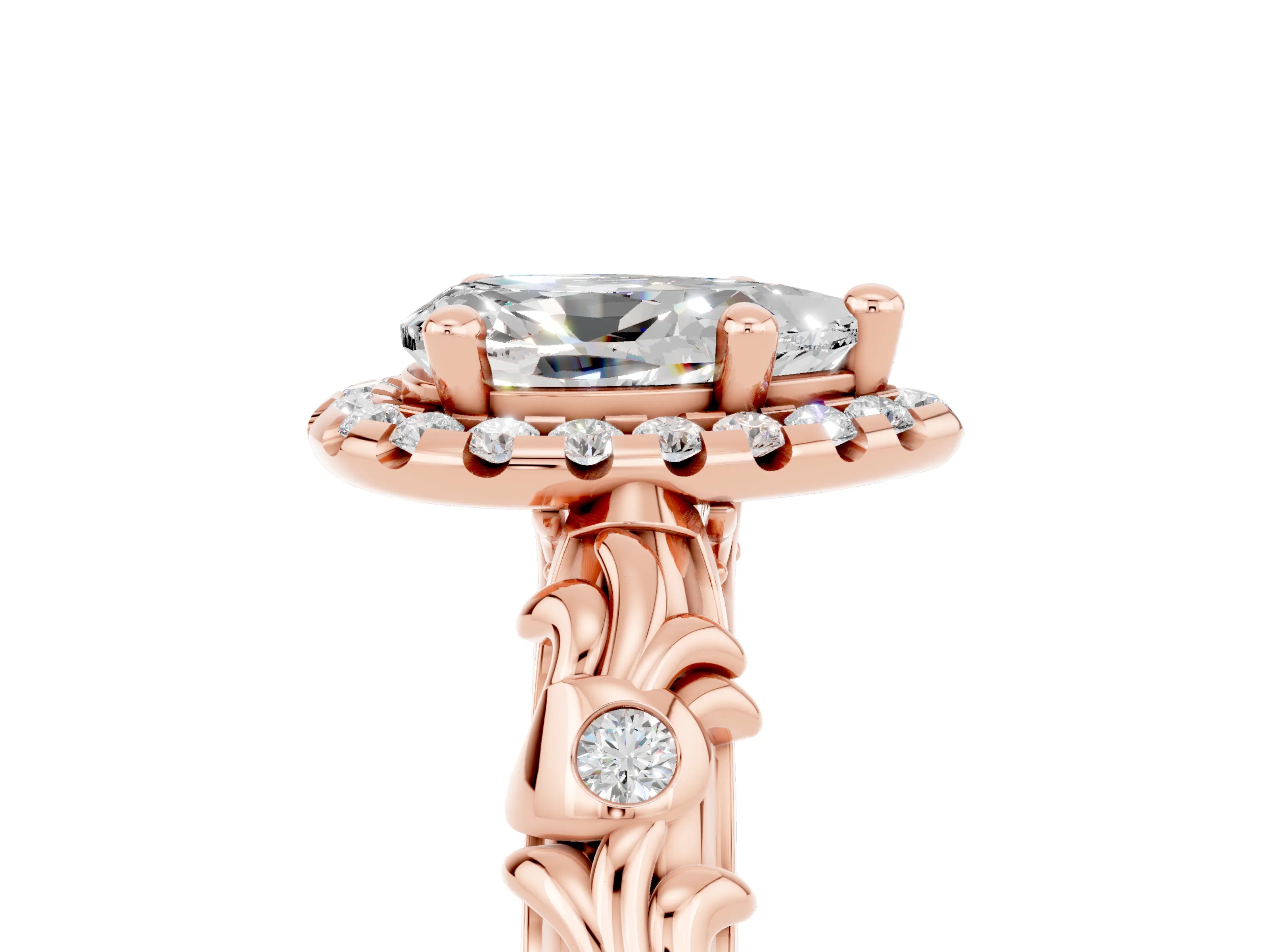 Rose gold Pear Cut Halo Diamond Solitaire with Filigree Band and Four-Prong Setting_5