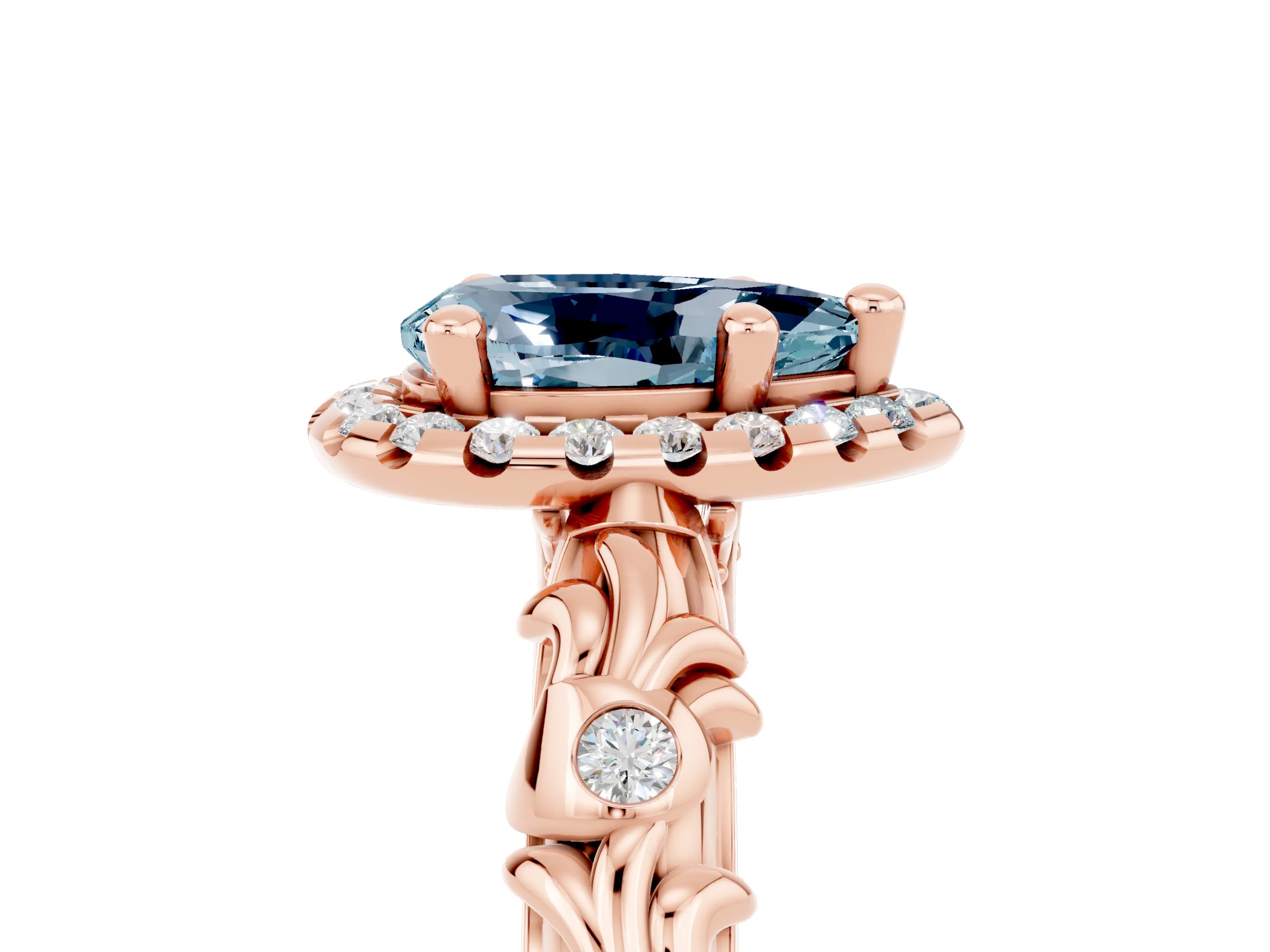 Rose gold Pear Cut Halo Diamond Solitaire with Filigree Band and Four-Prong Setting_5