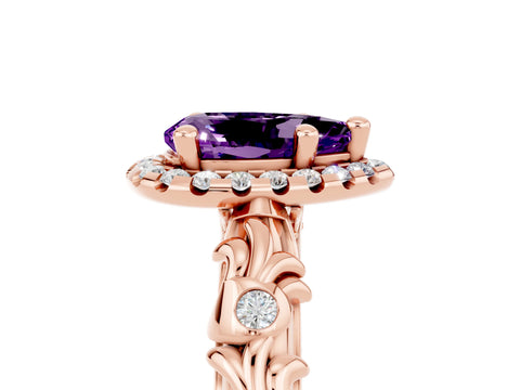 Rose gold Pear Cut Halo Diamond Solitaire with Filigree Band and Four-Prong Setting_5