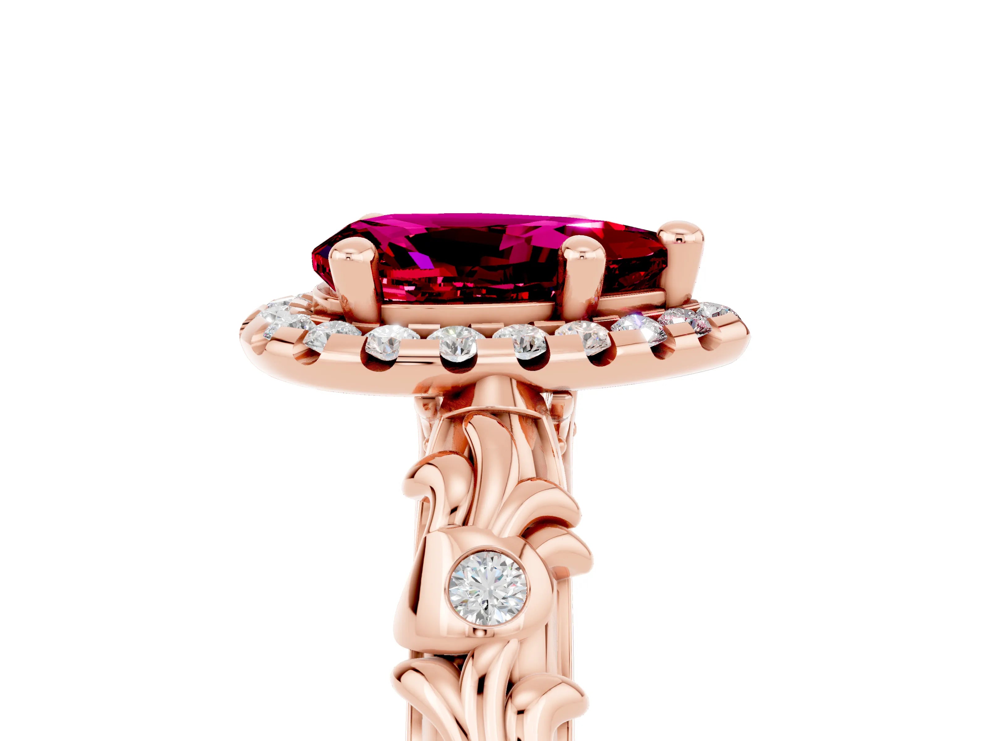 Rose gold Pear Cut Halo Diamond Solitaire with Filigree Band and Four-Prong Setting_5