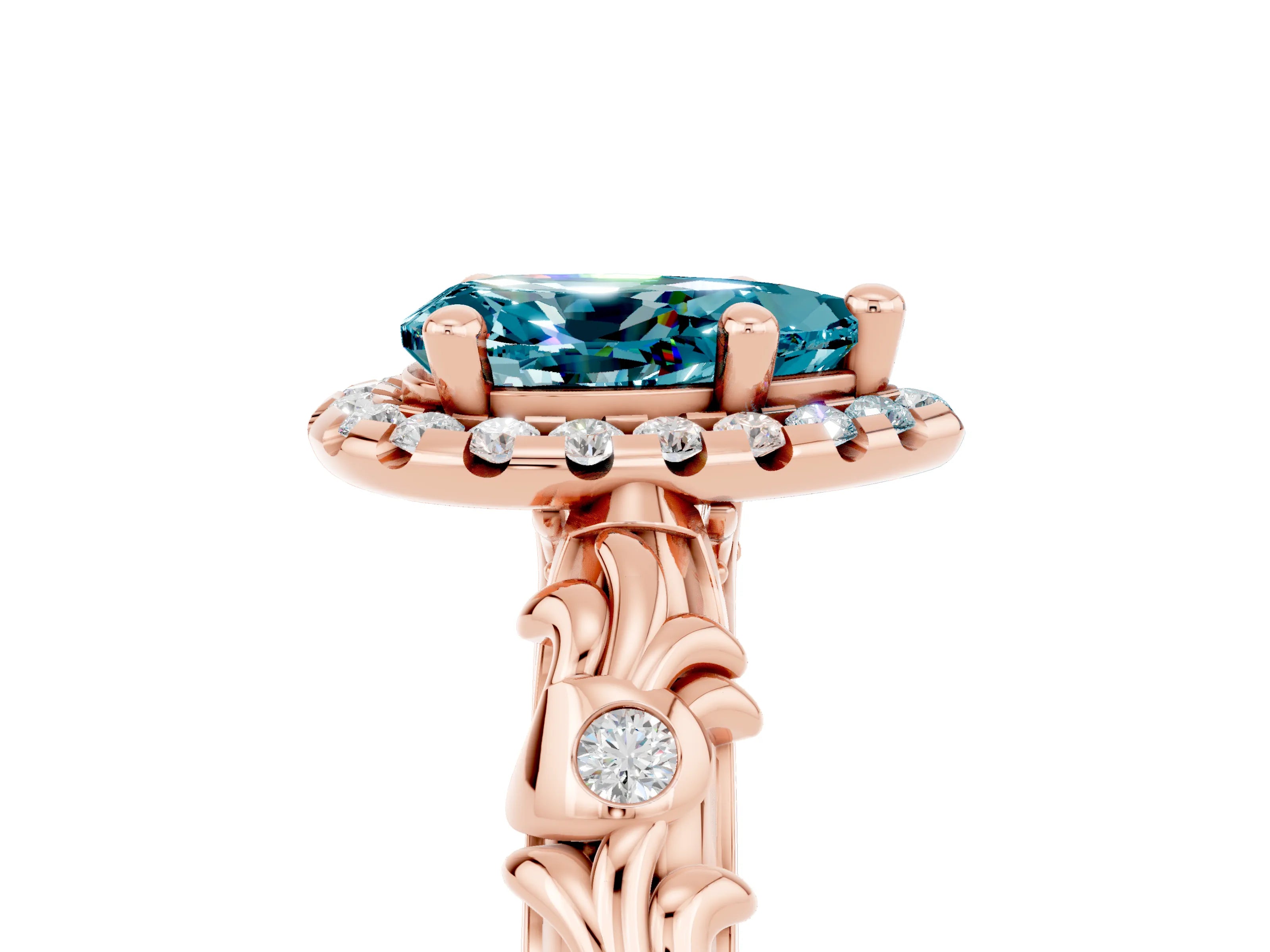 Rose gold Pear Cut Halo Diamond Solitaire with Filigree Band and Four-Prong Setting_5