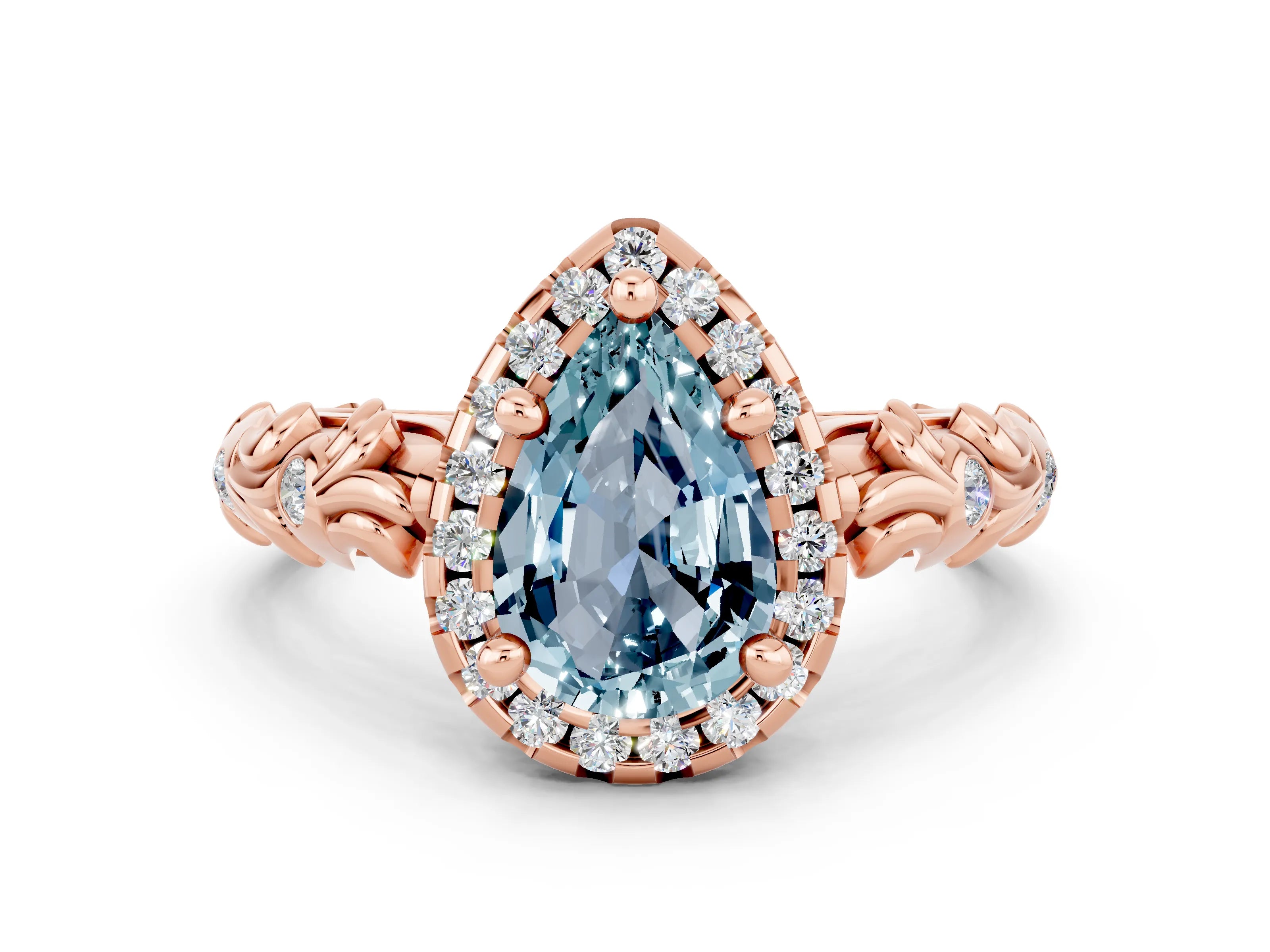 Rose gold Pear Cut Halo Diamond Solitaire with Filigree Band and Four-Prong Setting