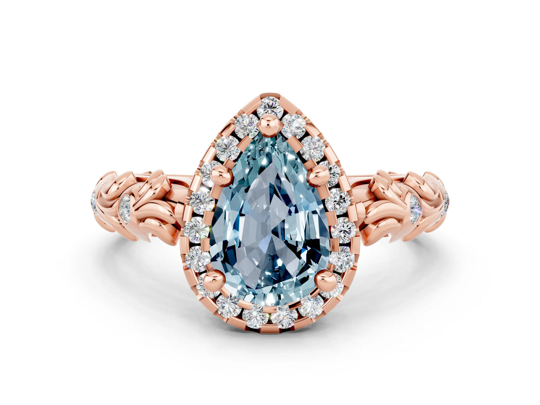 Rose gold Pear Cut Halo Diamond Solitaire with Filigree Band and Four-Prong Setting