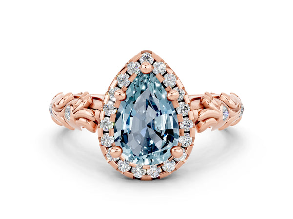 Rose gold Pear Cut Aquamarine Halo Ring with Filigree Band and Prong Setting