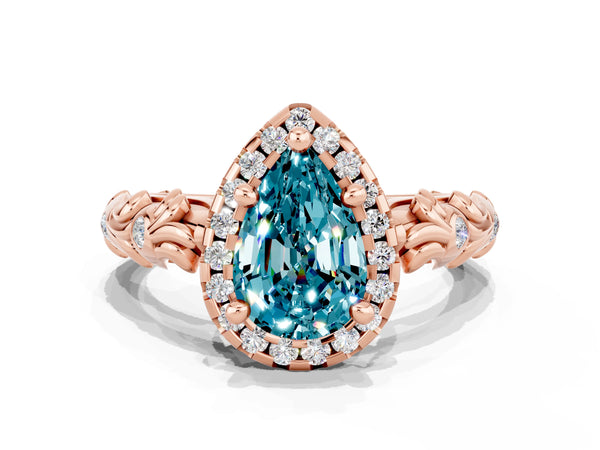 Rose gold Pear Cut Halo Diamond Solitaire with Filigree Band and Four-Prong Setting