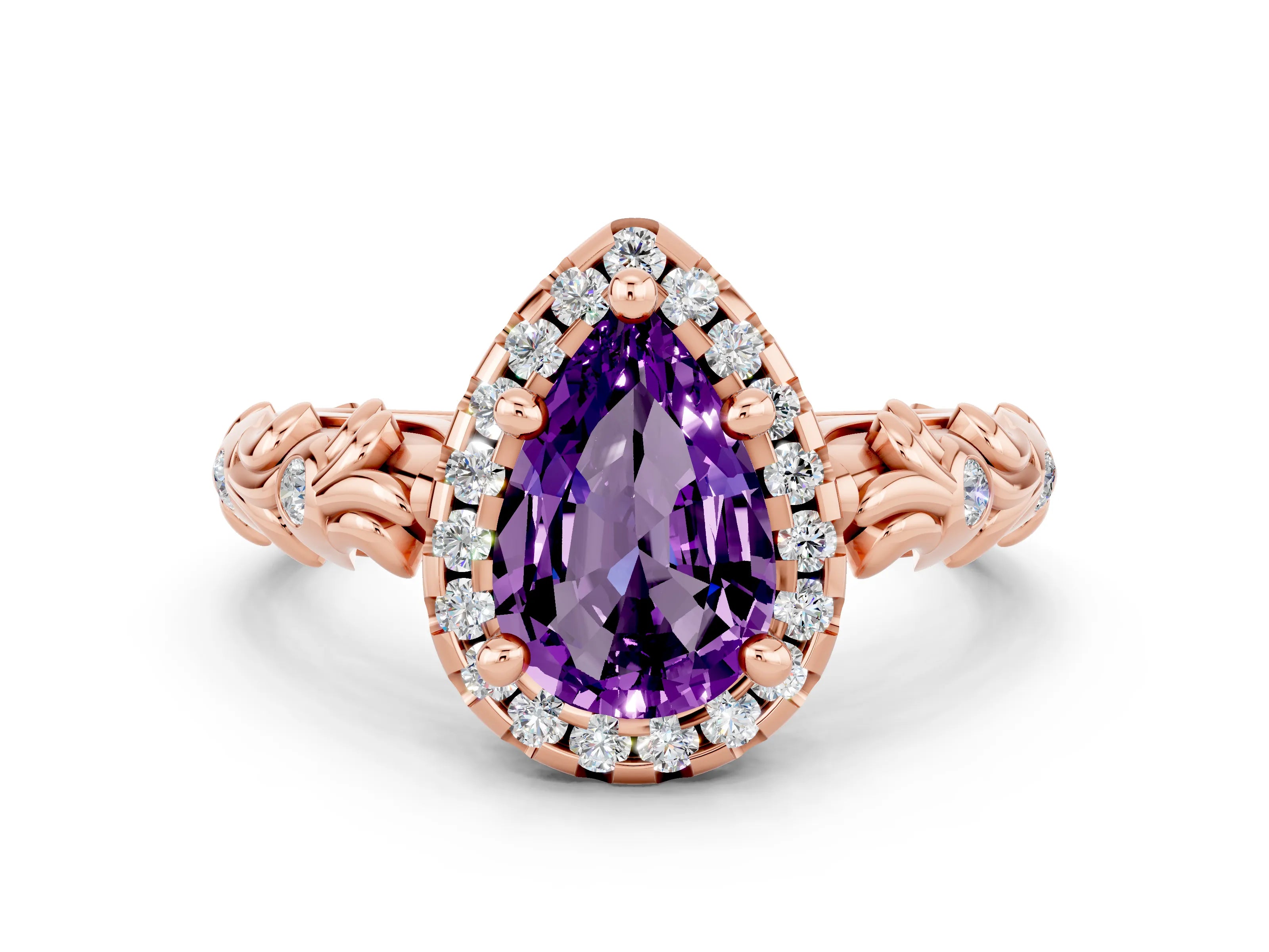 Rose gold Pear Cut Halo Diamond Solitaire with Filigree Band and Four-Prong Setting