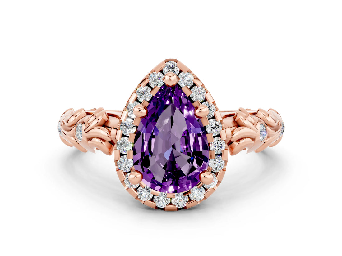 Rose gold Pear Cut Halo Diamond Solitaire with Filigree Band and Four-Prong Setting