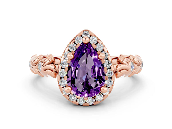 Rose gold Pear Cut Amethyst Halo Ring with Filigree Band and Prong Setting