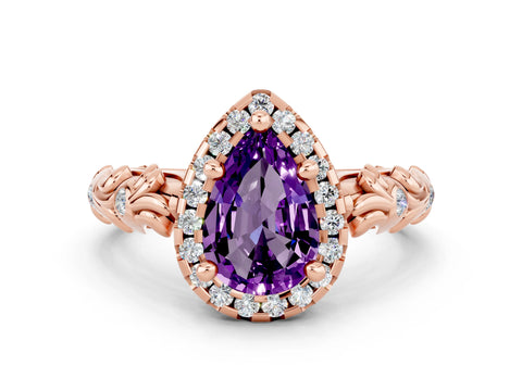 Rose gold Pear Cut Halo Diamond Solitaire with Filigree Band and Four-Prong Setting