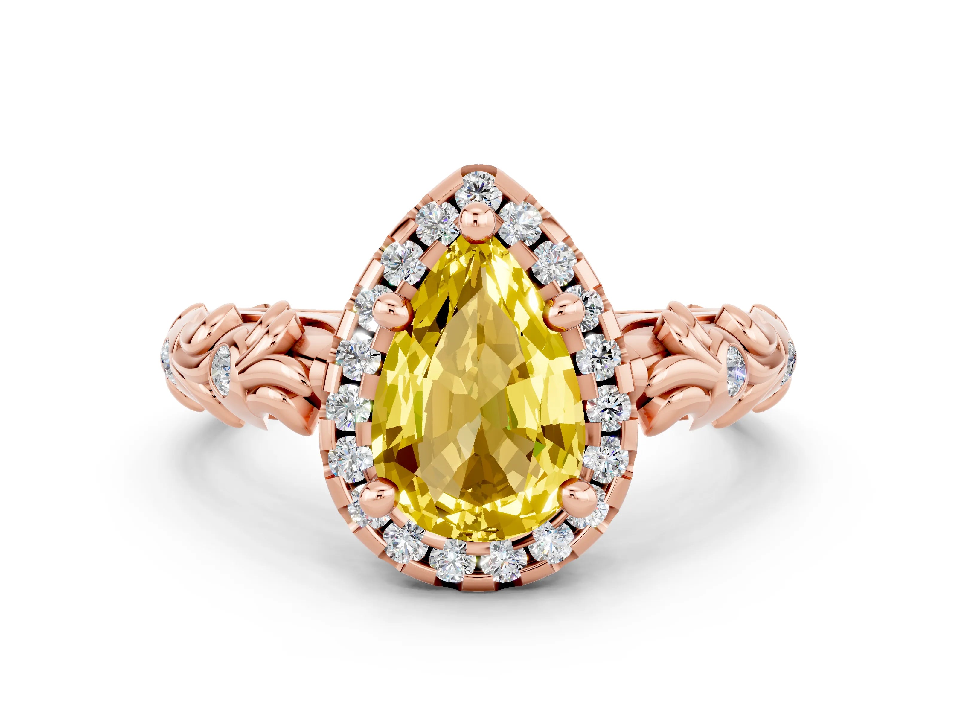 Rose gold Pear Cut Halo Diamond Solitaire with Filigree Band and Four-Prong Setting