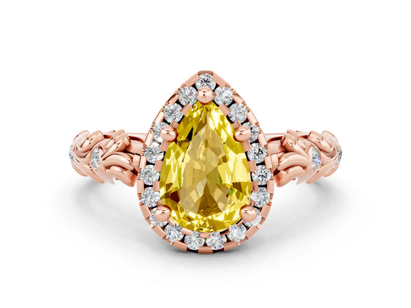 Rose gold Pear Cut Yellow Sapphire Halo Ring with Filigree Band and Prong Setting