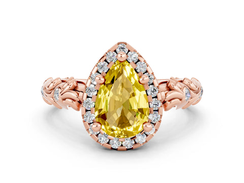 Rose gold Pear Cut Halo Diamond Solitaire with Filigree Band and Four-Prong Setting