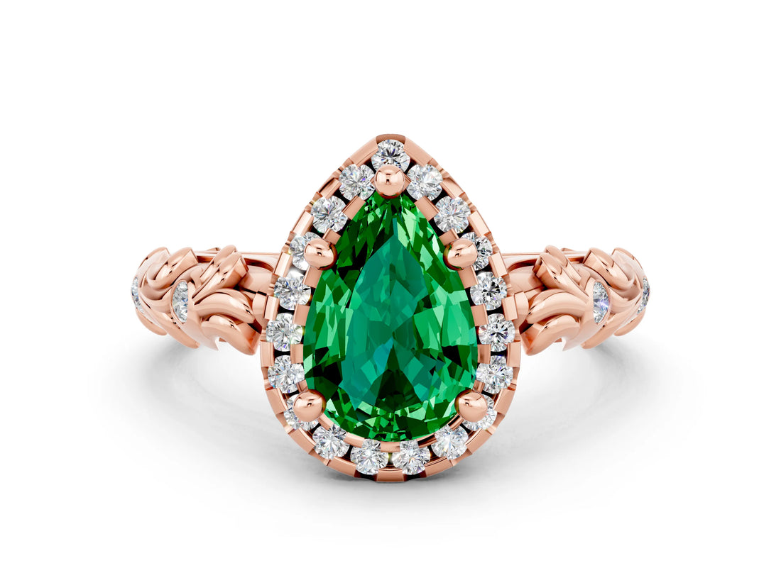 Rose gold Pear Cut Halo Diamond Solitaire with Filigree Band and Four-Prong Setting