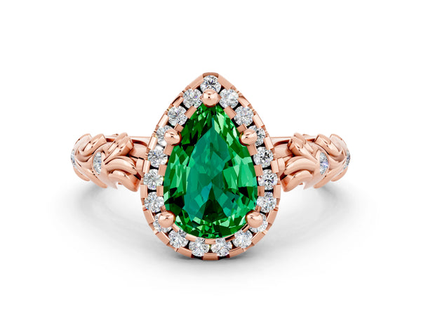 Rose gold Pear Cut Emerald Halo Ring with Filigree Band and Prong Setting