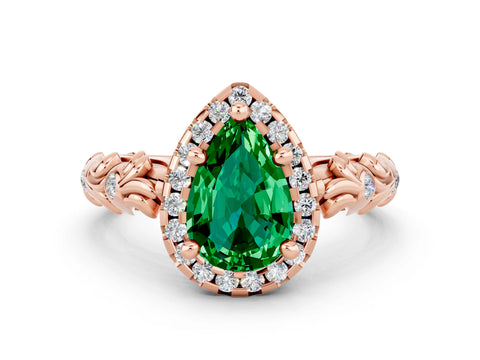 Rose gold Pear Cut Halo Diamond Solitaire with Filigree Band and Four-Prong Setting