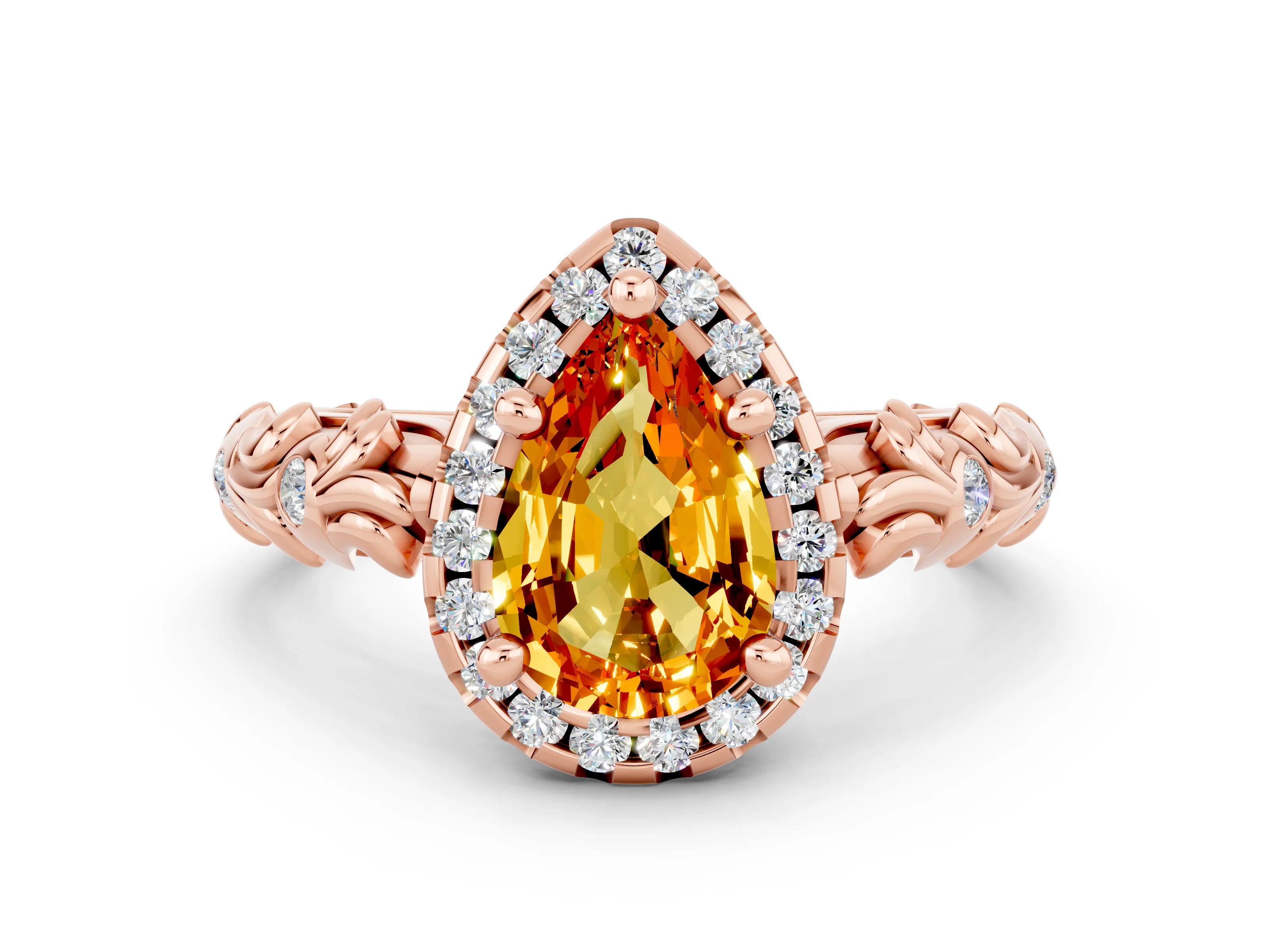 Rose gold Pear Cut Halo Diamond Solitaire with Filigree Band and Four-Prong Setting
