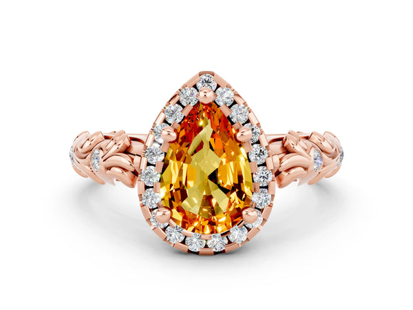 Rose gold Pear Cut Citrine Halo Ring with Filigree Band and Prong Setting