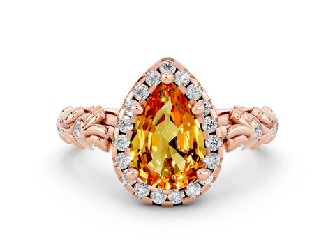 Rose gold Pear Cut Halo Diamond Solitaire with Filigree Band and Four-Prong Setting