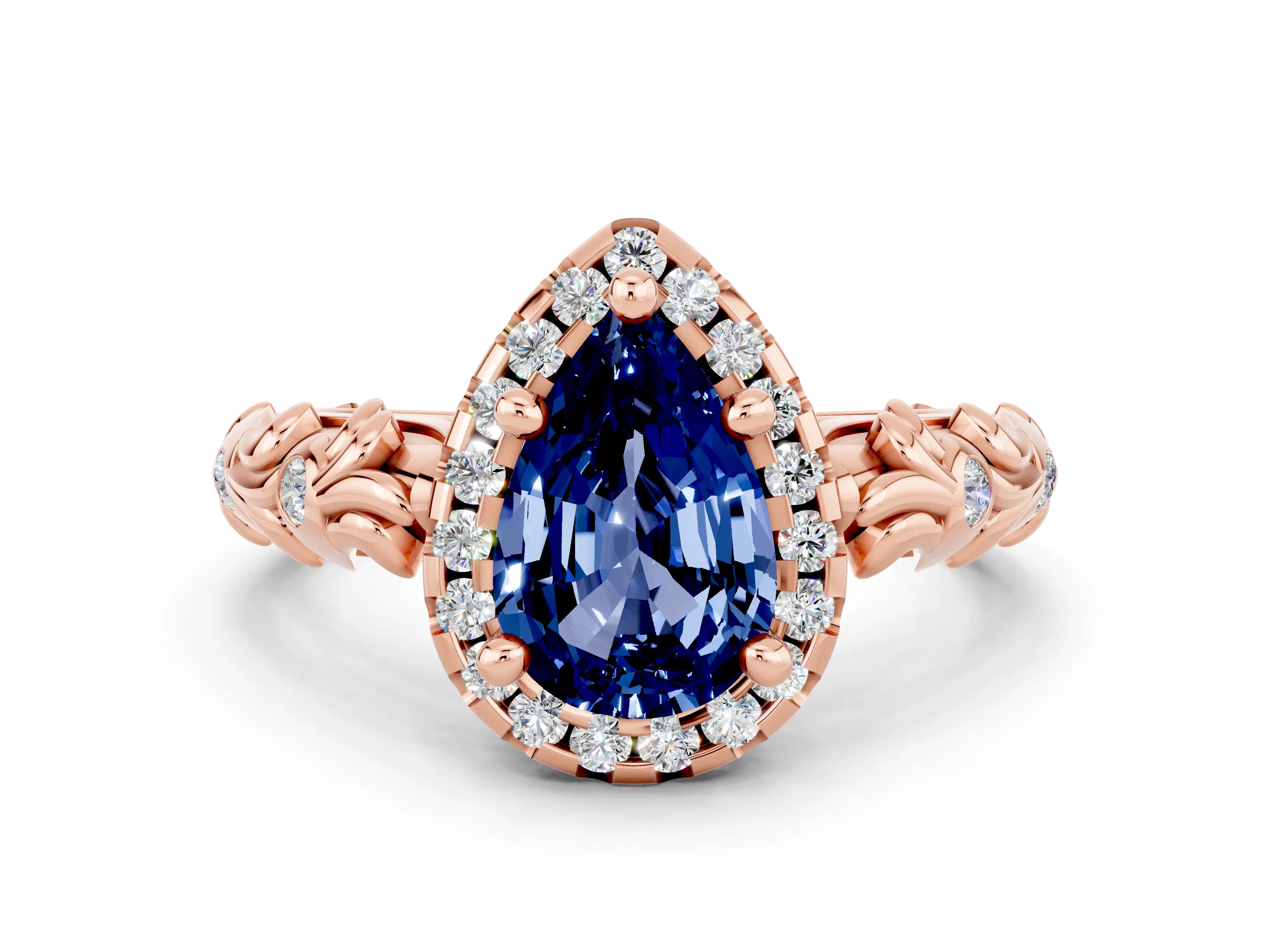 Rose gold Pear Cut Halo Diamond Solitaire with Filigree Band and Four-Prong Setting