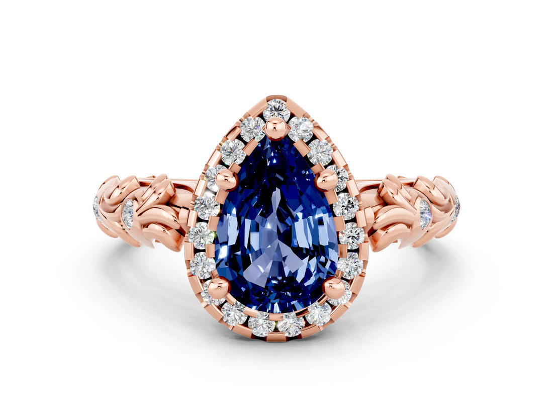 Rose gold Pear Cut Halo Diamond Solitaire with Filigree Band and Four-Prong Setting