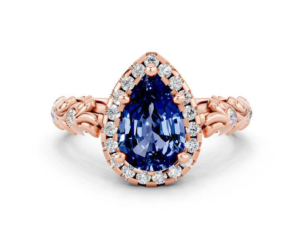 Rose gold Pear Cut Blue Sapphire Halo Ring with Filigree Band and Prong Setting