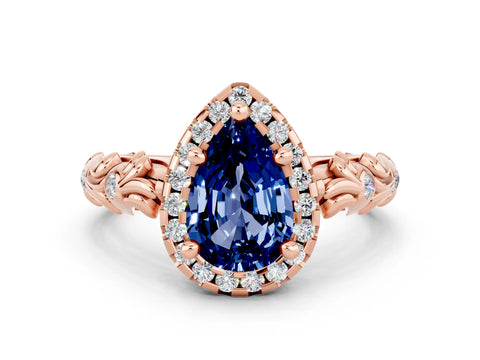 Rose gold Pear Cut Halo Diamond Solitaire with Filigree Band and Four-Prong Setting