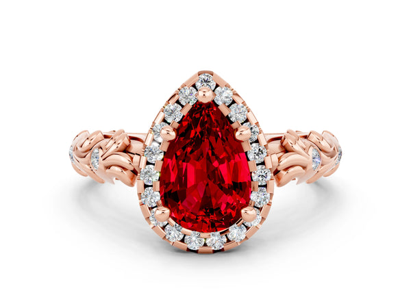 Rose gold Pear Cut Ruby Halo Ring with Filigree Band and Prong Setting