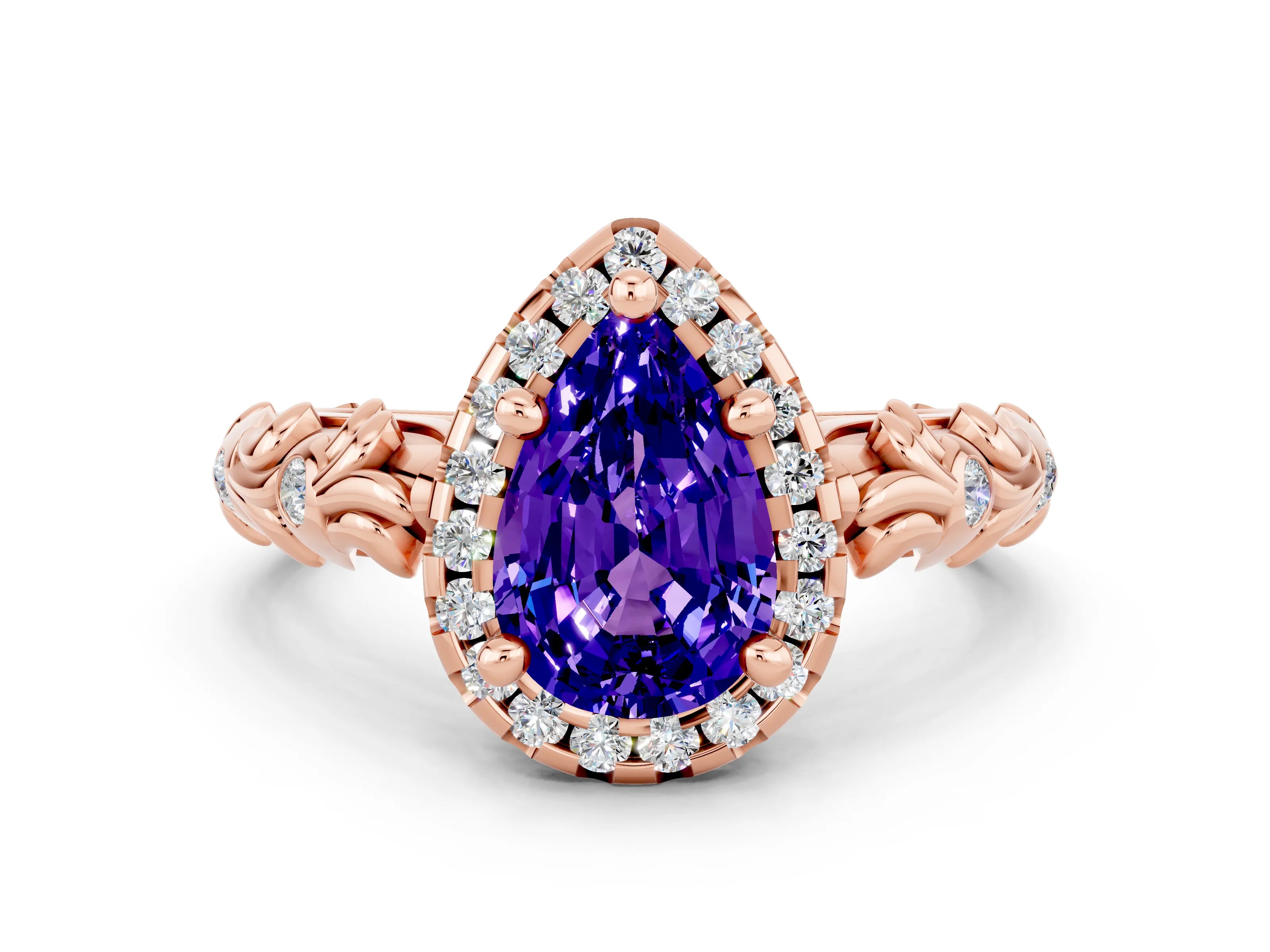 Rose gold Pear Cut Halo Diamond Solitaire with Filigree Band and Four-Prong Setting