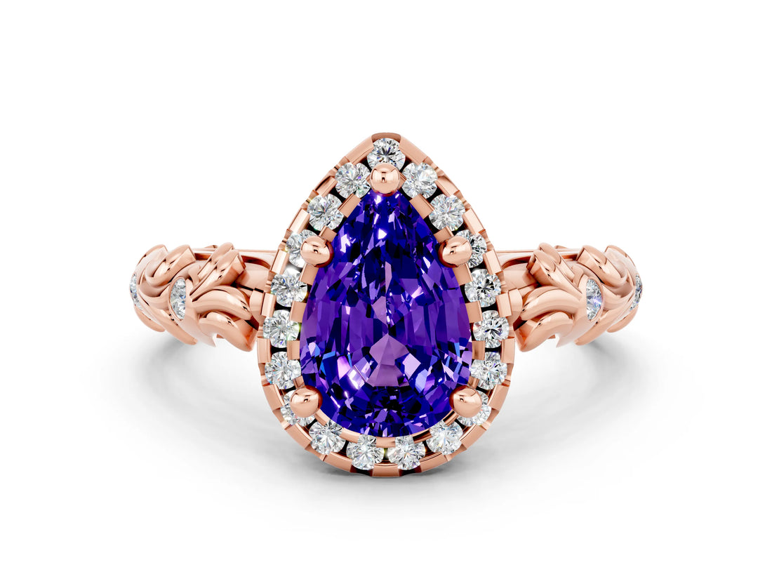 Rose gold Pear Cut Halo Diamond Solitaire with Filigree Band and Four-Prong Setting