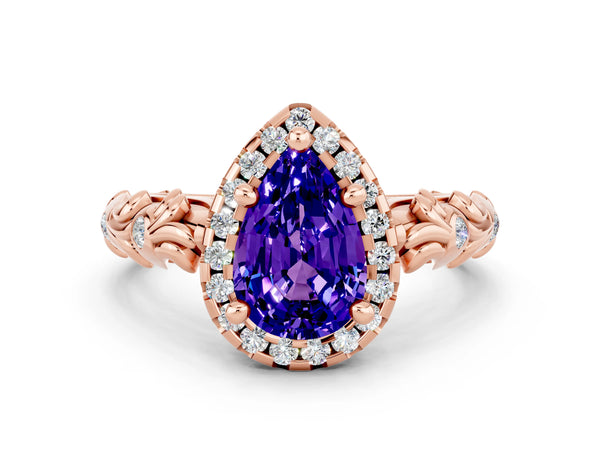 Rose gold Pear Cut Tanzanite Halo Ring with Filigree Band and Prong Setting