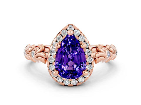 Rose gold Pear Cut Halo Diamond Solitaire with Filigree Band and Four-Prong Setting