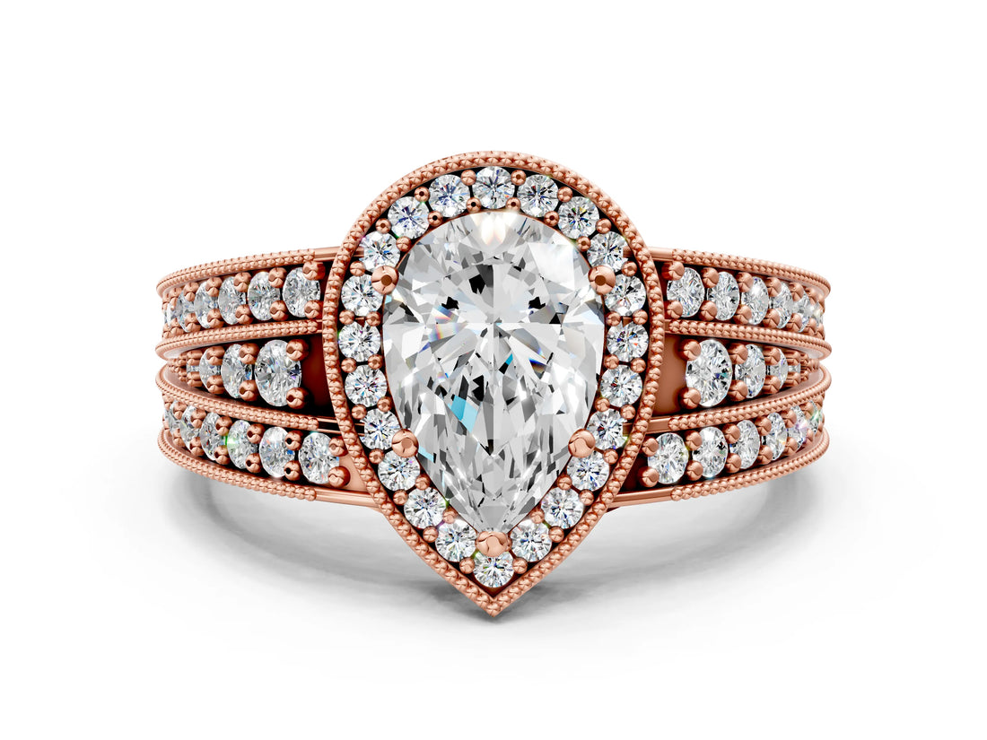 Rose gold Pear Cut Halo Diamond Split Shank Ring with Prong Setting_3
