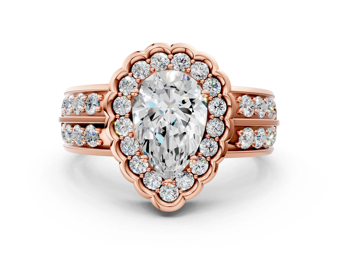 Rose gold Pear Cut Halo Diamond Split Shank Ring with Scalloped Prong Setting_7