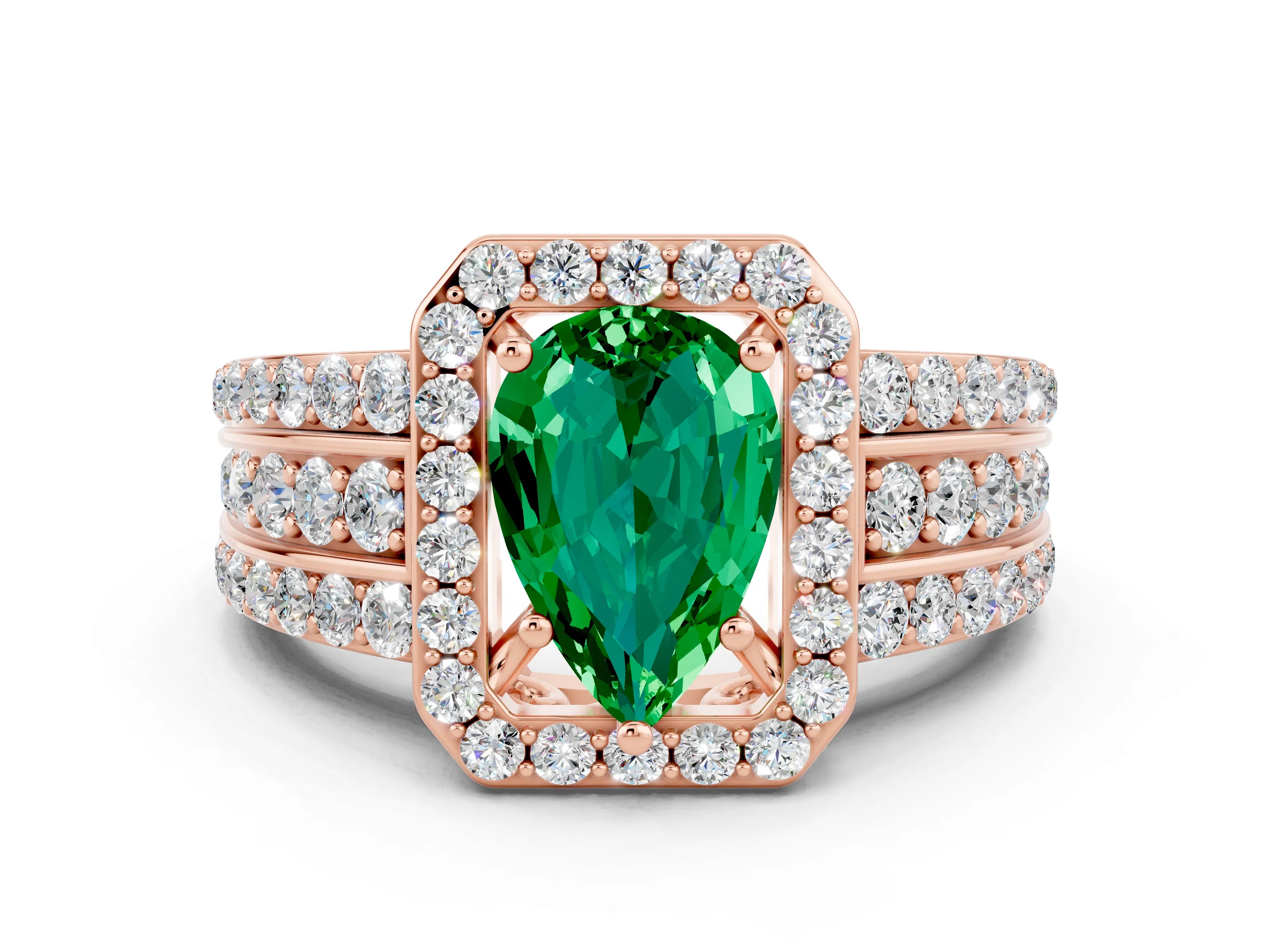 Rose gold Pear Cut Halo Emerald Ring with Split Shank and Four-Prong Setting
