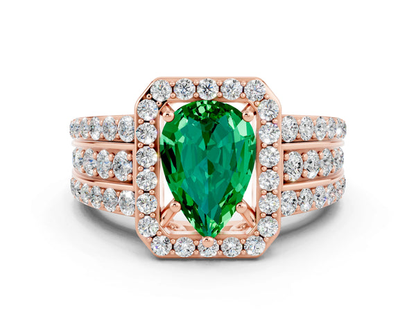 Rose gold Pear Cut Halo Emerald Ring with Round  Split Shank and Prong Setting