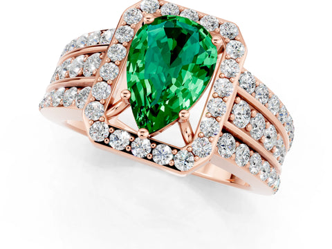 Rose gold Pear Cut Halo Emerald Ring with Split Shank and Four-Prong Setting_1