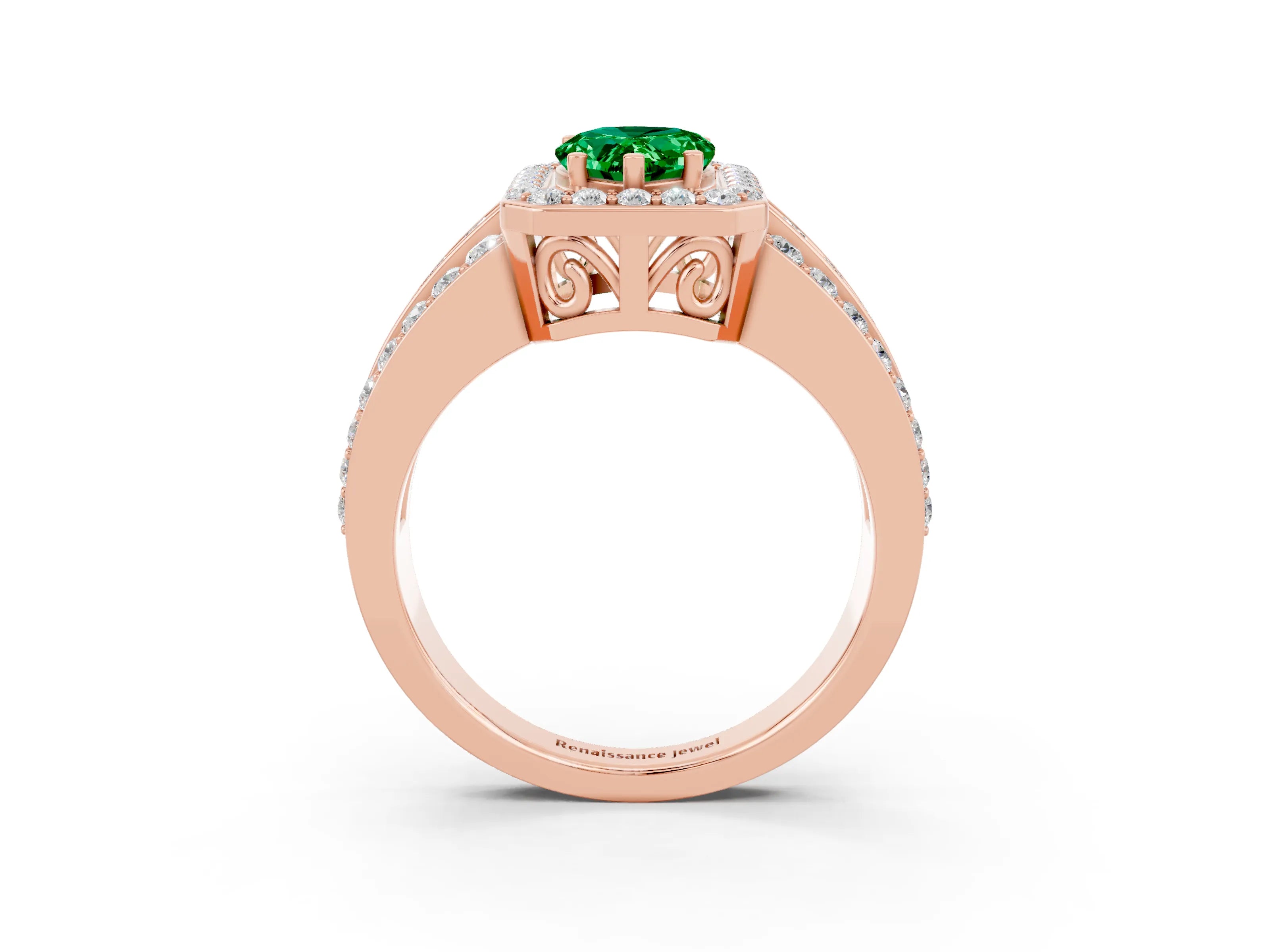 Rose gold Pear Cut Halo Emerald Ring with Split Shank and Four-Prong Setting_3