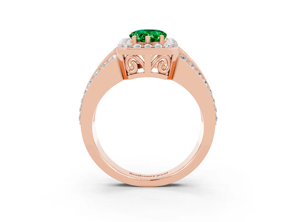 Rose gold Pear Cut Halo Emerald Ring with Round  Split Shank and Prong Setting