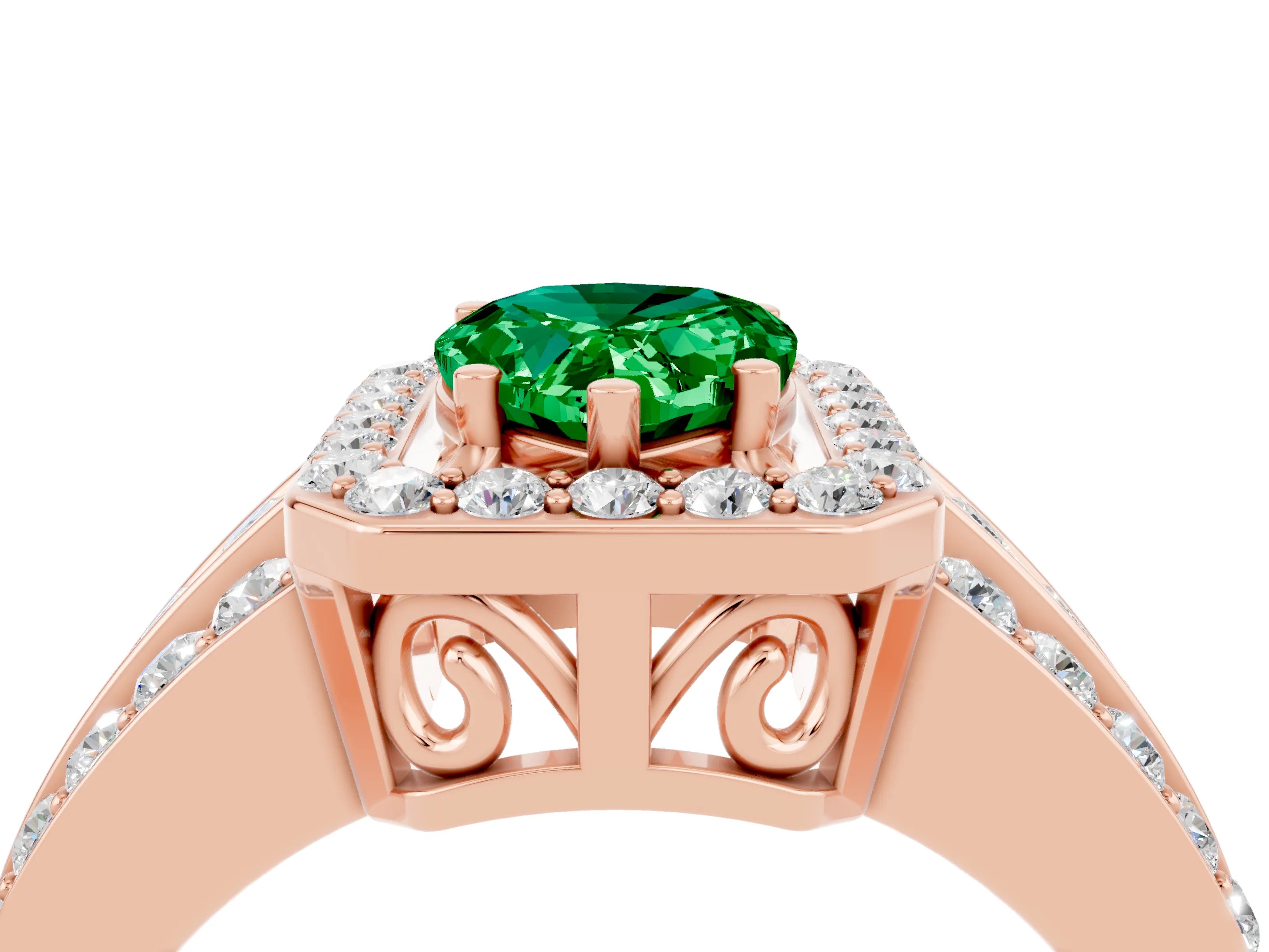 Rose gold Pear Cut Halo Emerald Ring with Split Shank and Four-Prong Setting_4