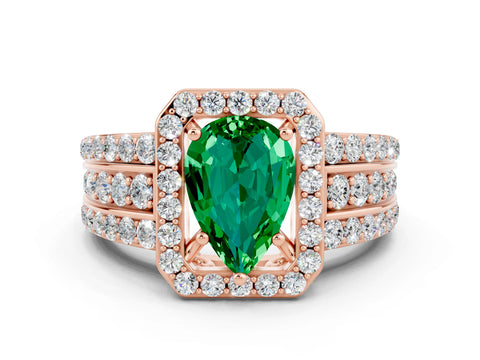 Rose gold Pear Cut Halo Emerald Ring with Split Shank and Four-Prong Setting