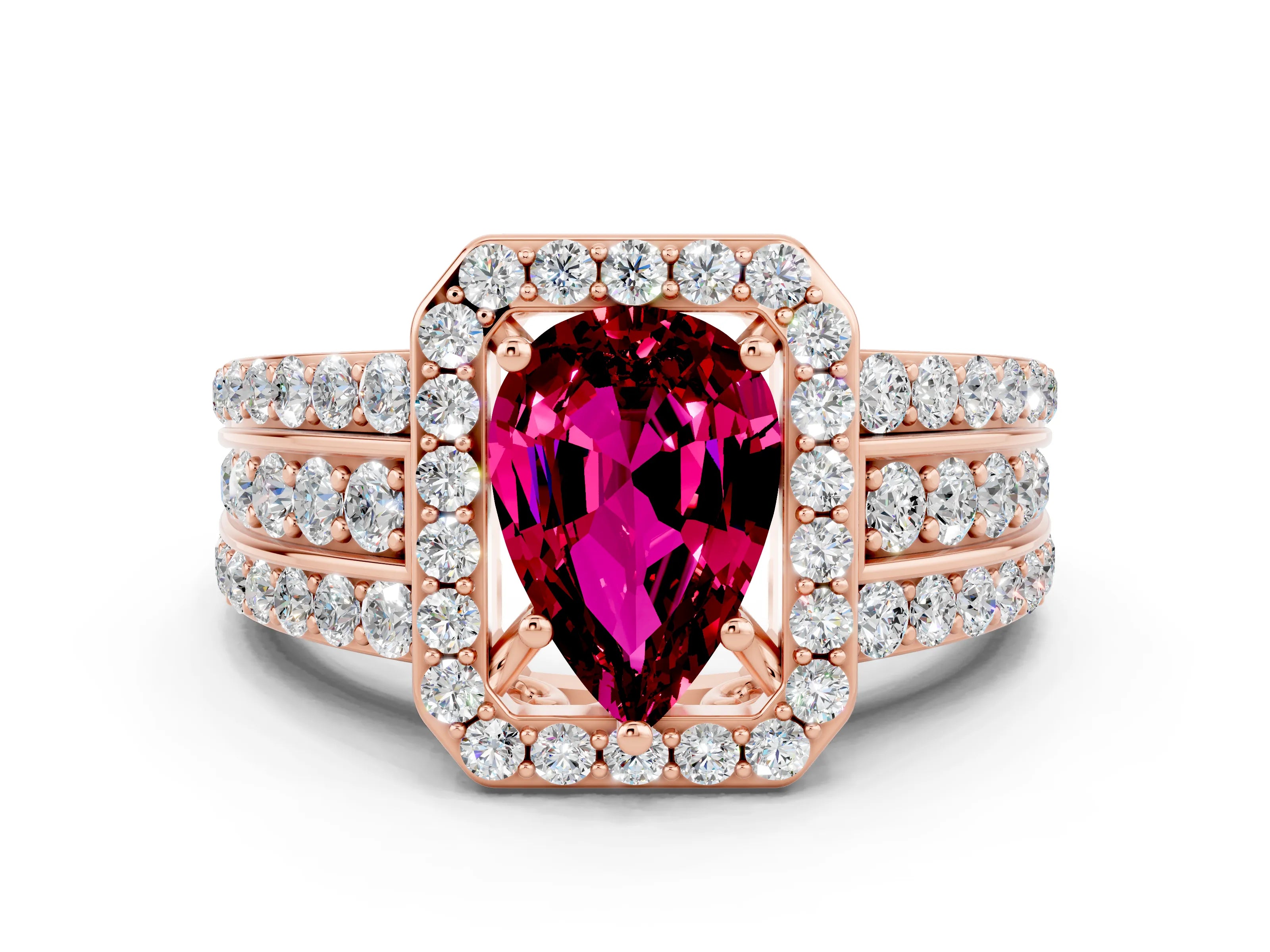 Rose gold Pear Cut Halo Garnet Ring with Split Shank and Four-Prong Setting