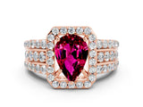 Rose gold Pear Cut Halo Garnet Ring with Split Shank and Four-Prong Setting